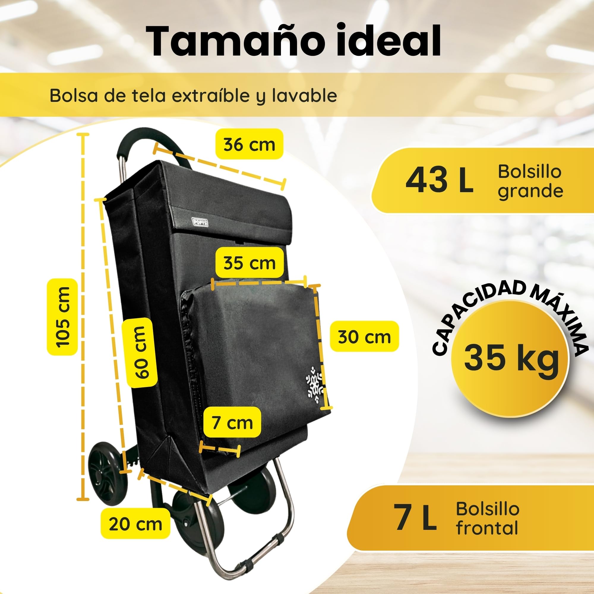 POPYS® Carro de la Compra de 50L + Gancho Multiusos de Regalo con Compartimento Refrigerante | Carrito Compra de 4 y 2 Ruedas Ideal para Supermercado (Requiere Montaje) (Negro.) — view 2
