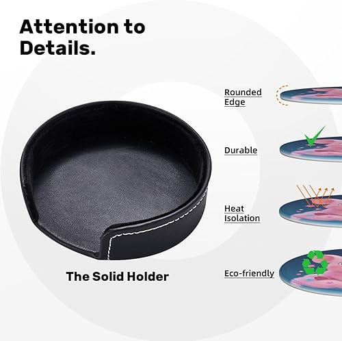 Miniatura 8 de Drink Coasters Set of 6, Little Pig Printed PU Leather Round Coaster with Holder for Outdoor, Office, Bar, Funny Heat-Resistant Home Desk Decor