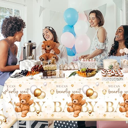Miniatura 2 de CMUSKO Decoraciones de oso para baby shower para niños, 3 piezas, con temática de oso marrón, mantel de plástico para mesa de bebé para suministros