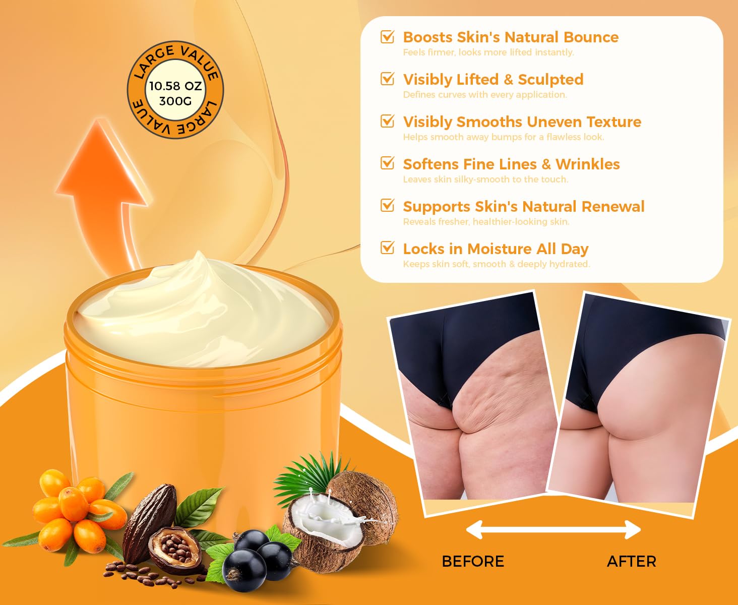 OUKEYA Brazilian Firming Body Cream, Butt Cream Visibly Tightening Body Lotion for Smooth, Sculpted Hip Contours, Lightweight Texture