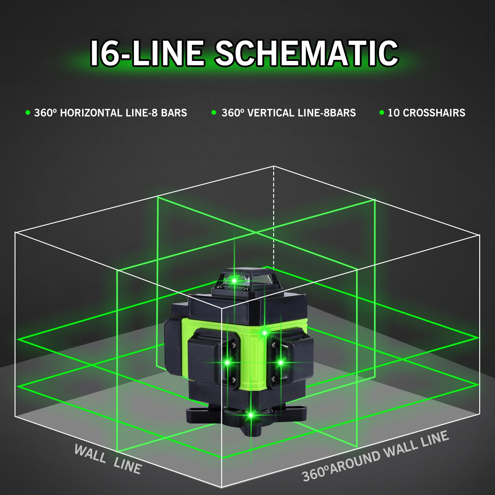 Laser en croix avec trépied, niveau laser 16 lignes, niveau IP54, niveau à bulle 360°, auto-nivelant, trépied de 1,5 m, batterie 2400 mAh, pour la pose de carreaux de sol (green)