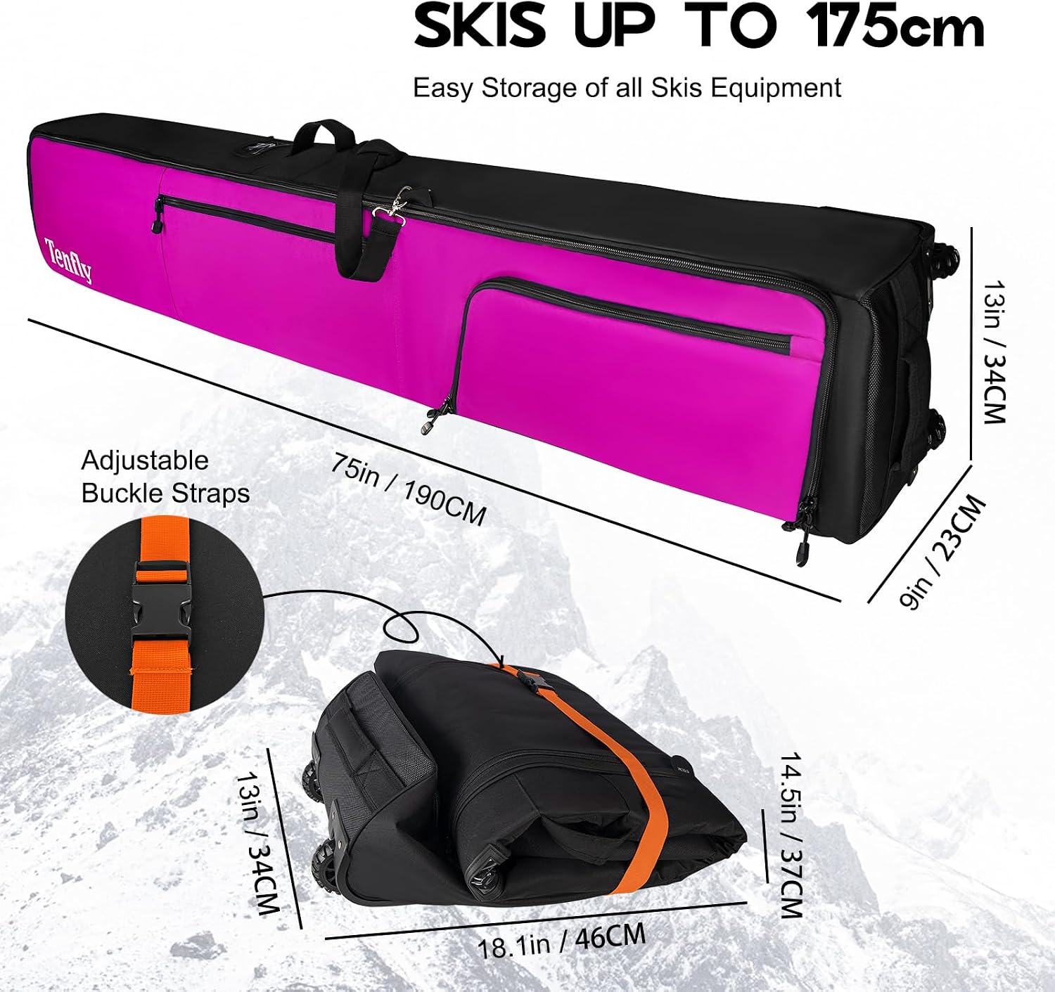 Wheeled Ski Bag for Air Travel, Padded Waterproof Ski Gear Bag Fits 2 Pairs Skis, Adjustable Length 156-200cm, Foldable