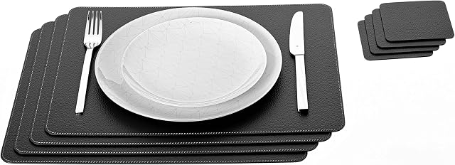 Nikalaz Set of Placemats and coasters, 4 table mats and 4 coasters, place mats 40 x 30 cm and coasters 10 x 10 cm, Recycled natural leather Selection of colors (Black)