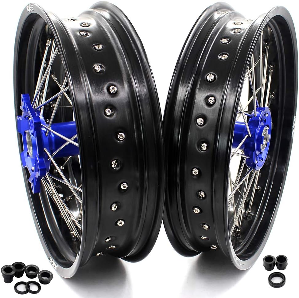 KKE 17 inch Supermoto Wheels Rims Fit for Yamaha WR250F 2001-2019 WR450F 2003-2018 Blue Hub Black Rim