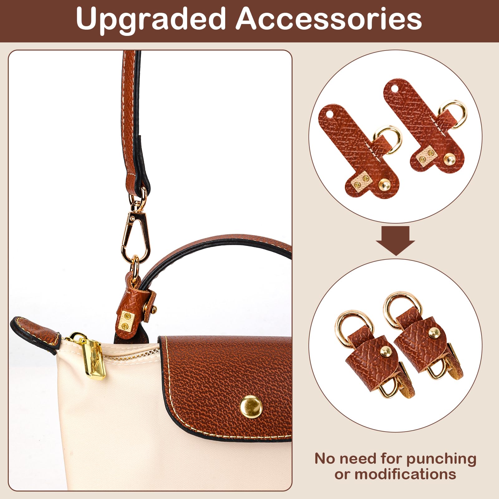 Bandoulière Réglable pour Sac Longchamp Mini, Marron, Sangle à Boucle Sans Perforation avec 2 Adaptateurs
