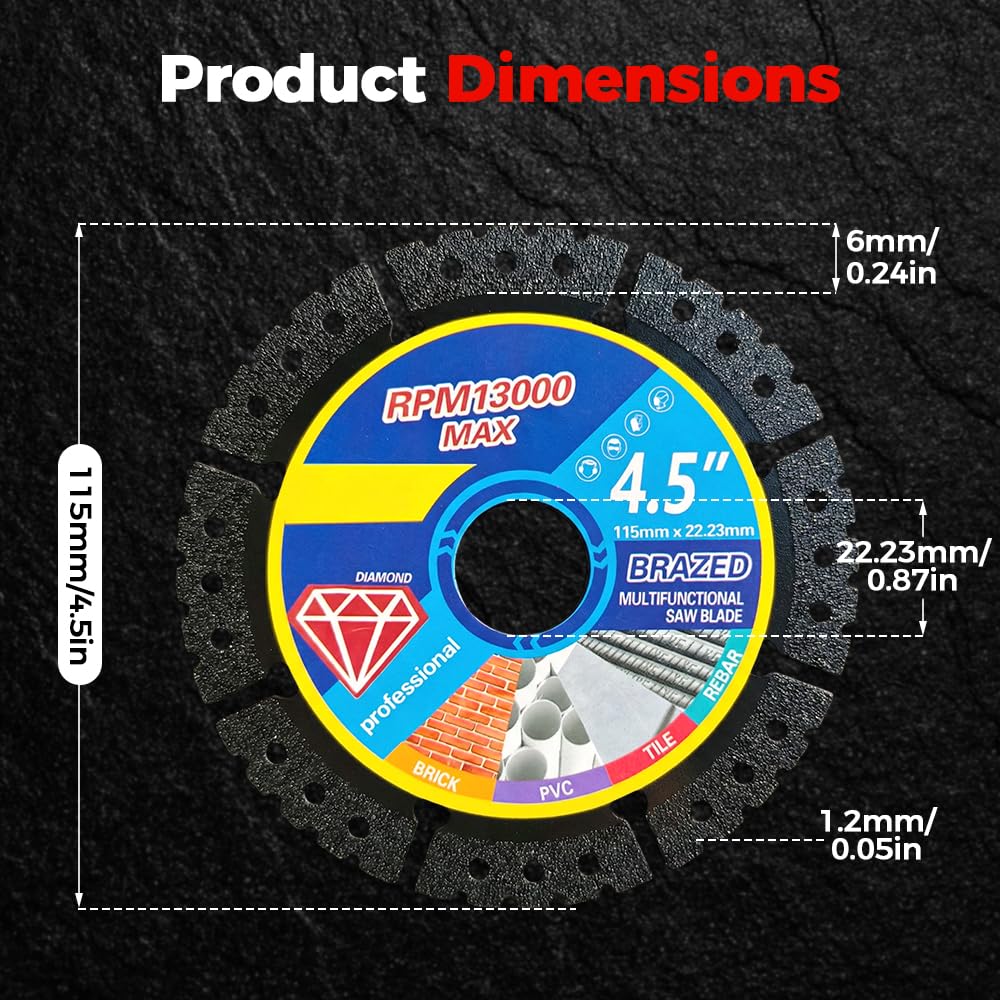 4.5" Multi-Purpose Saw Blades, 2026 Upgrade Stainless Steel Welded Outer Diamond Sand High Durability, 4.5" Diamond Blade, Angle Grinder Discs (5)