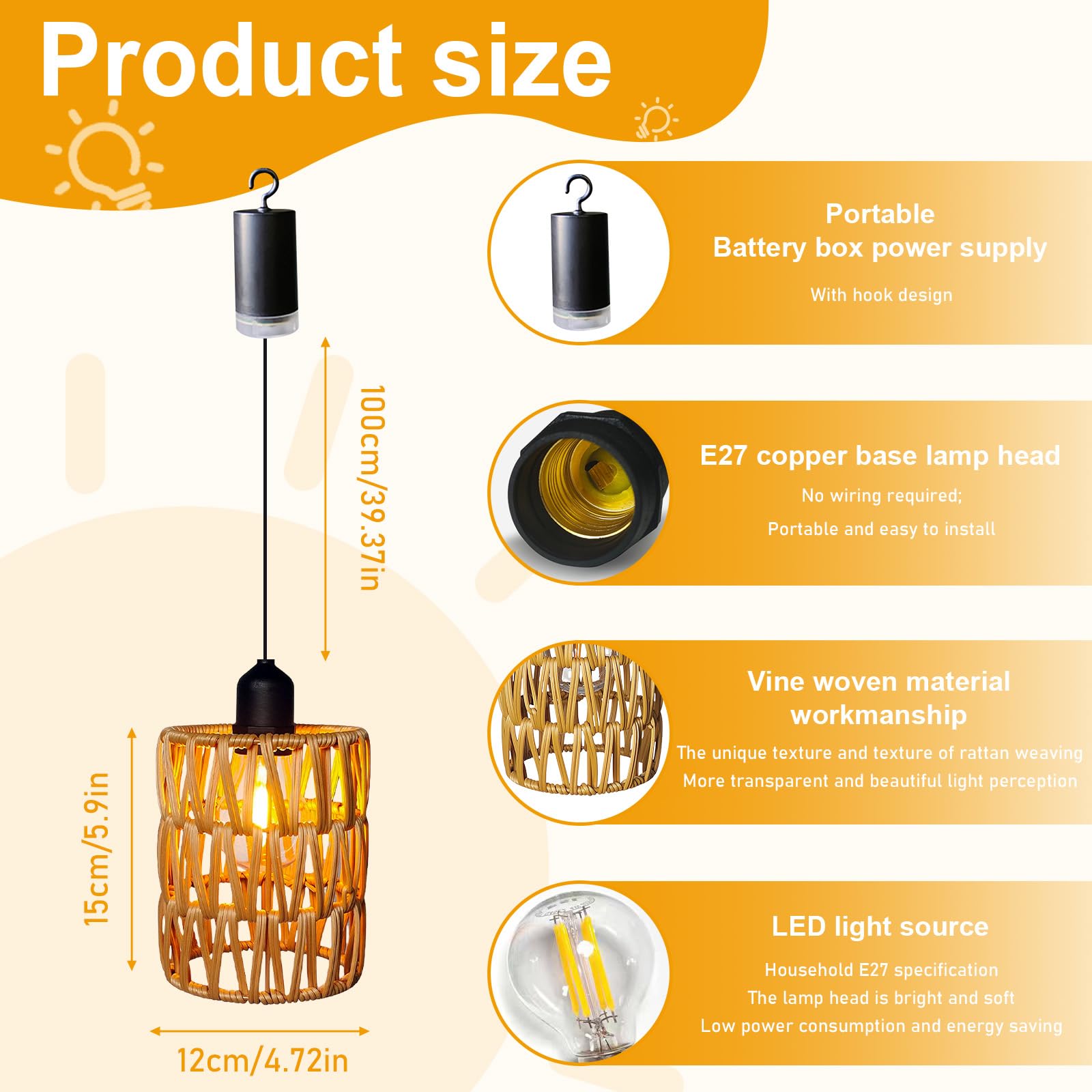Lampada A Sospensione In Rattan Con Batteria – E27 Portatile, Impermeabile, Stile Boho – Per Esterni E Interni - 2