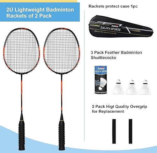 Miniatura 2 de Juego de raquetas de bádminton profesionales, ligeras, 4 unidades de fibra de carbono, 3 volantes de plumas, 2 fundas protectoras, 4 sobreagarres,