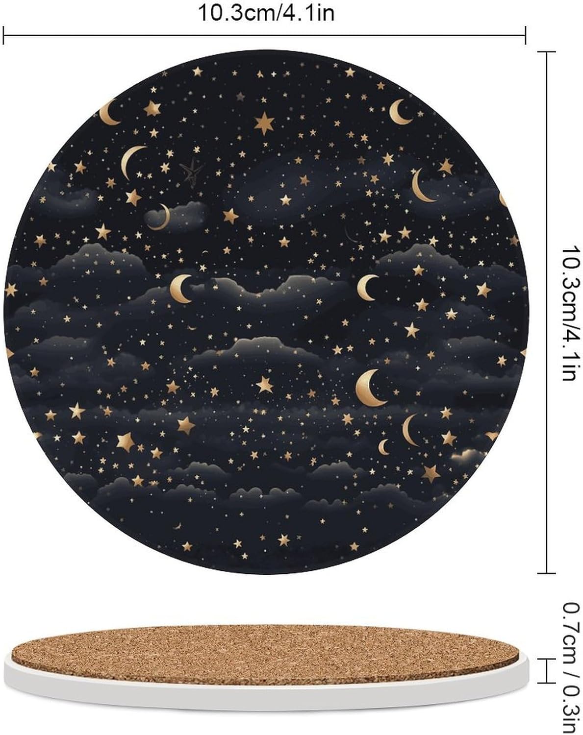 6PCS Stars and Moon on Dark Background Coasters Non-Slip Round Drink Coasters with Ceramic Stone and Cork Base, Heat Resistant Absorbent 33.00Stone Coaster Set for Kinds of Mugs and Cups, 4 Inch