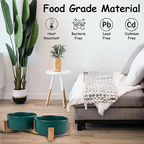 Miniatura 10 de Petygooing Tazones para perros, juego de cuencos de cerámica blanca para gatos y perros con soporte de madera para alimentos y agua, juego de platos