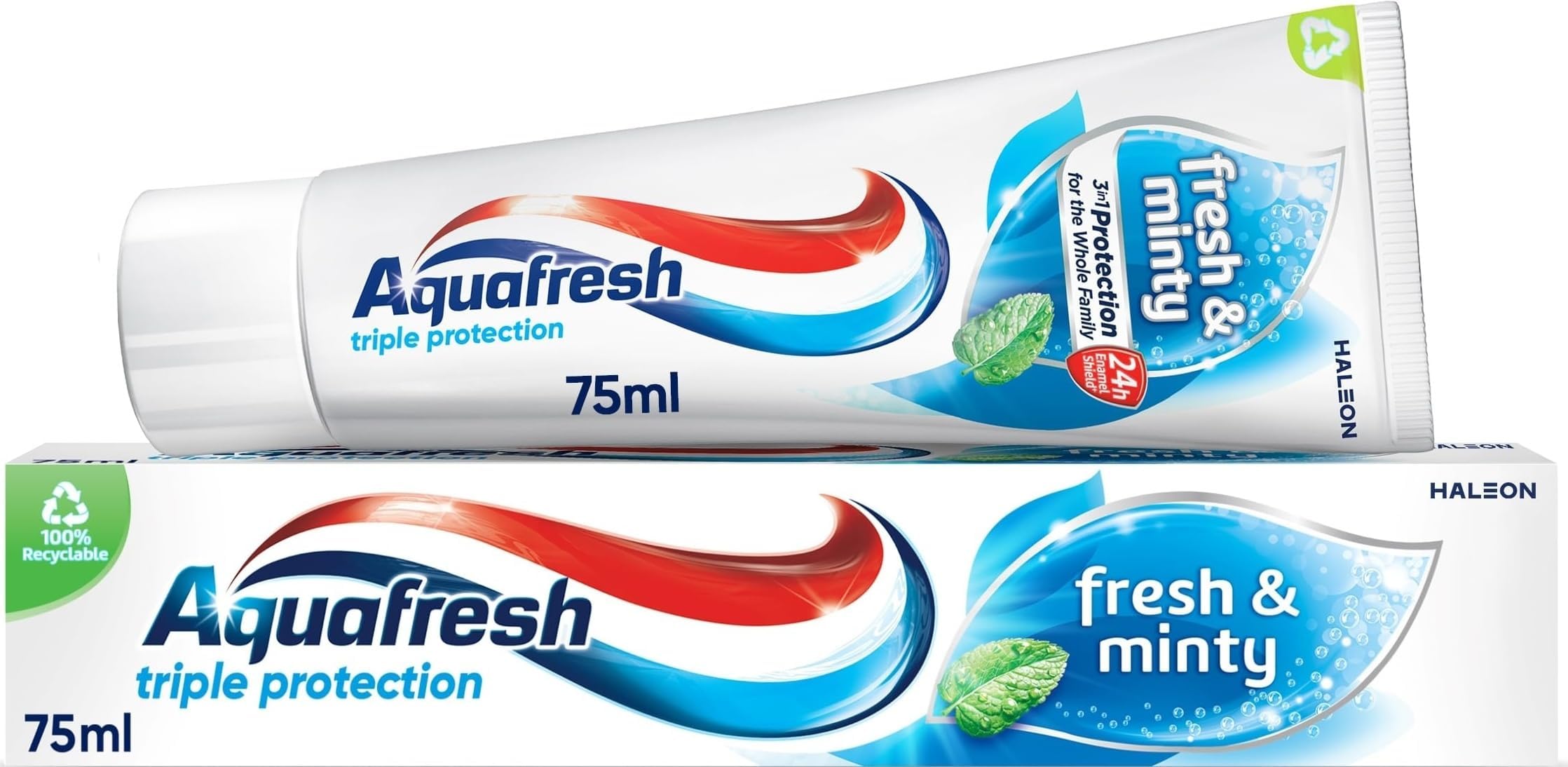 Fresh and Minty Fluoride Toothpaste, Triple Protection, Rebuilds enamel Strength, Helps protect gums* and Refreshes breath, 75ml