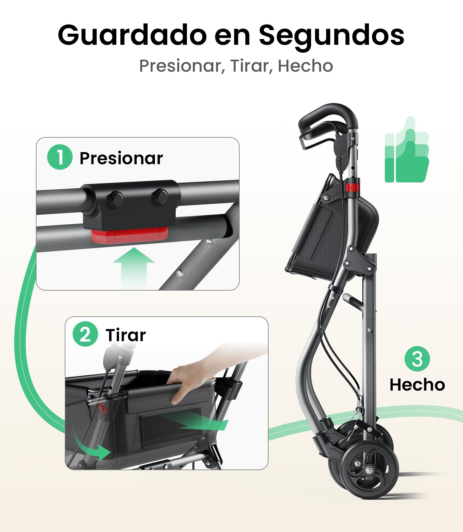 Andador para Ancianos, Andador Plegable con Asiento para Personas Mayores, Estrecho para Apartamento, Modelo de Interior Plegable y Ligero con Bandeja y Bolsa de Tela, 4 ruedas, Aluminio, Plata