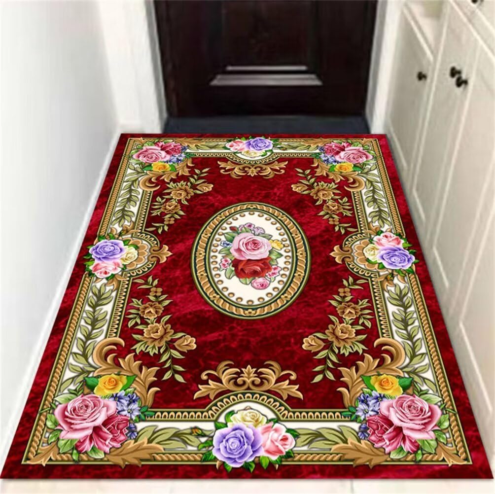 Tapis carré 200x200cm bleu et rouge à motif floral rétro pour chambre