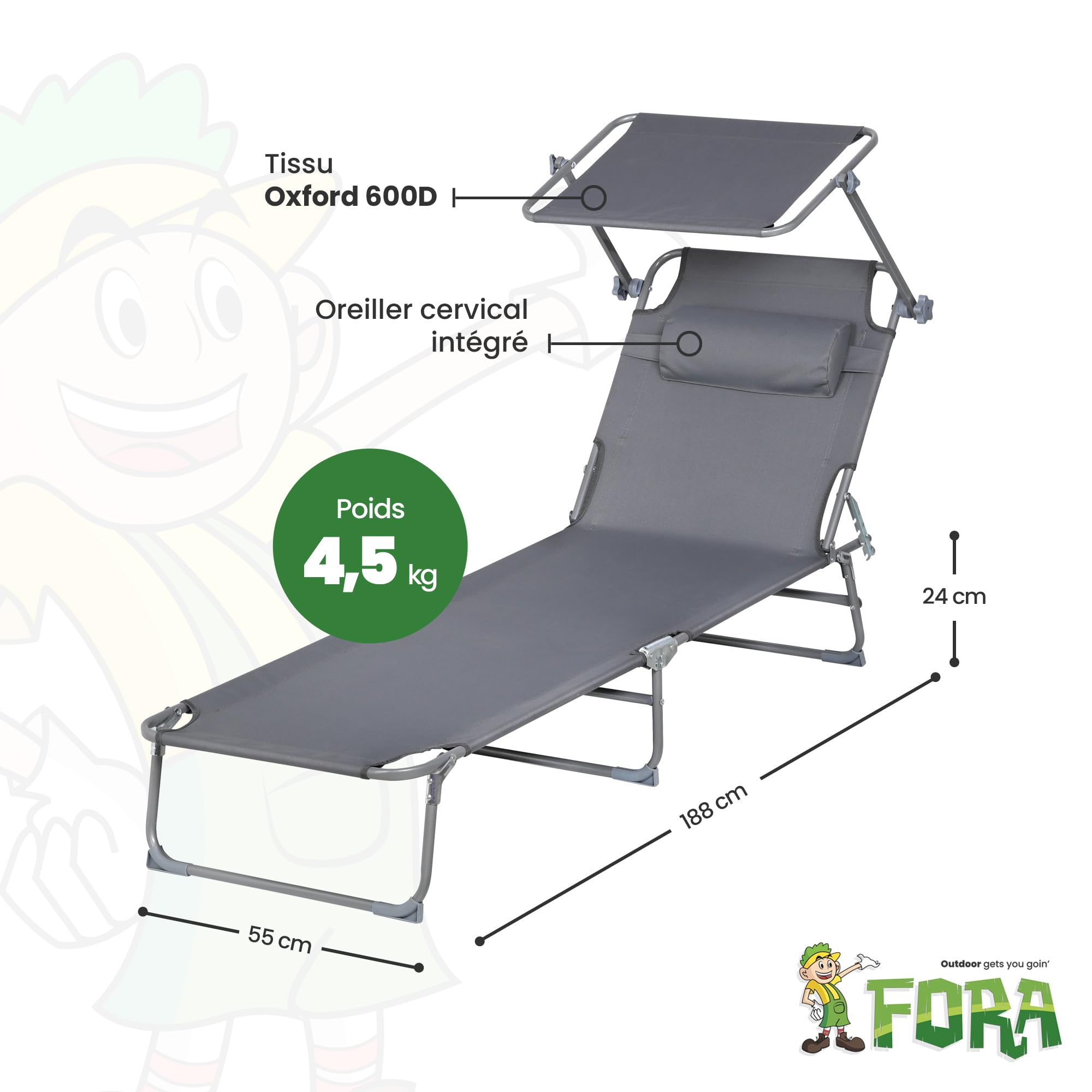 FORA Set de 2 Chaise Longue Pliables avec Coussin - Dossier 3 Positions, Oxford 600D, Sangle de Transport, Couleur Gris