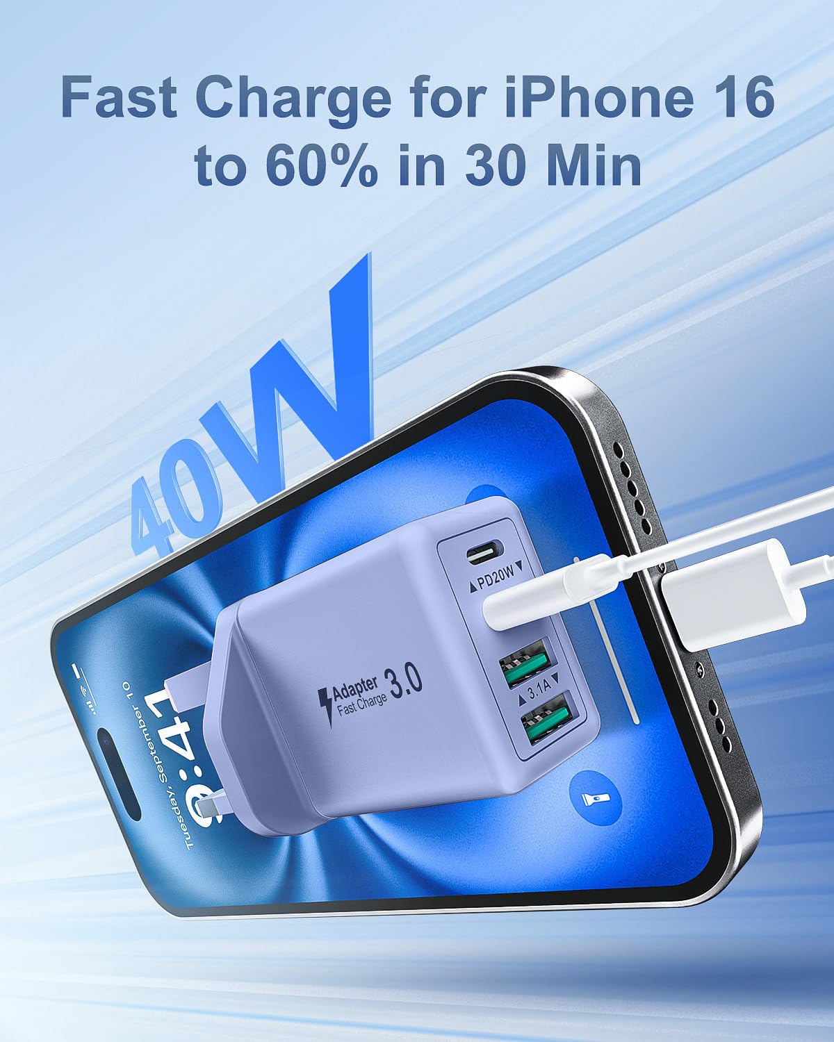 40W 4-Port USB Plug UK Fast Charger Dual PD Power Adapter +QC Multiport Wall Charge Head Mains Type C Fast Charging Plug for iPhone 17 16 15 14 13 12 11 Pro Max Plus, Samsung, iPad — view 2
