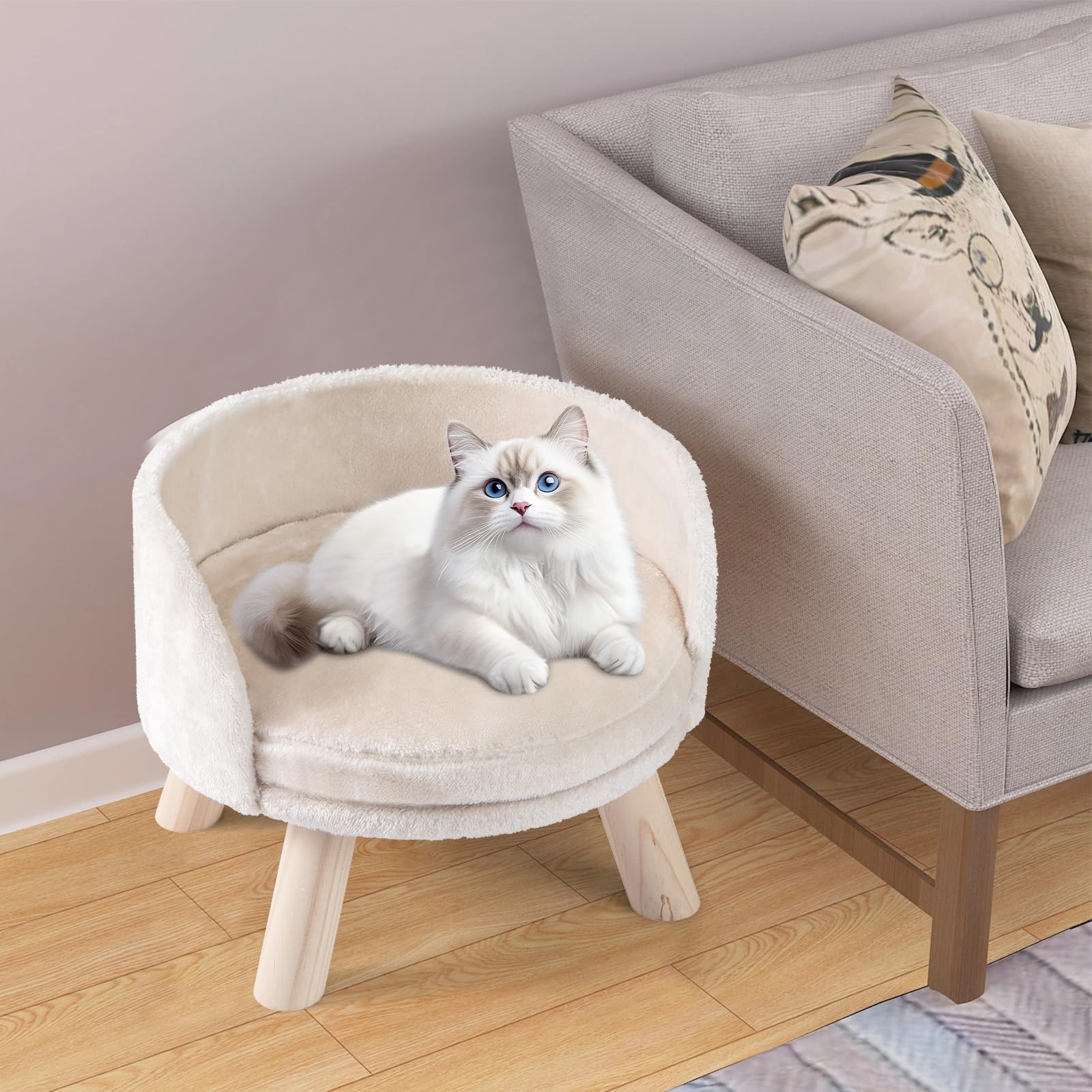COSTWAY Canapé Lit pour Chien Chat Charge 30 kg, 4 Pieds en Bois de Pin, Coussin Amovible, Panier pour Chien Chat Petits, Dossier Haut, Installation Facile, 42 x 42 x 33 cm, Beige