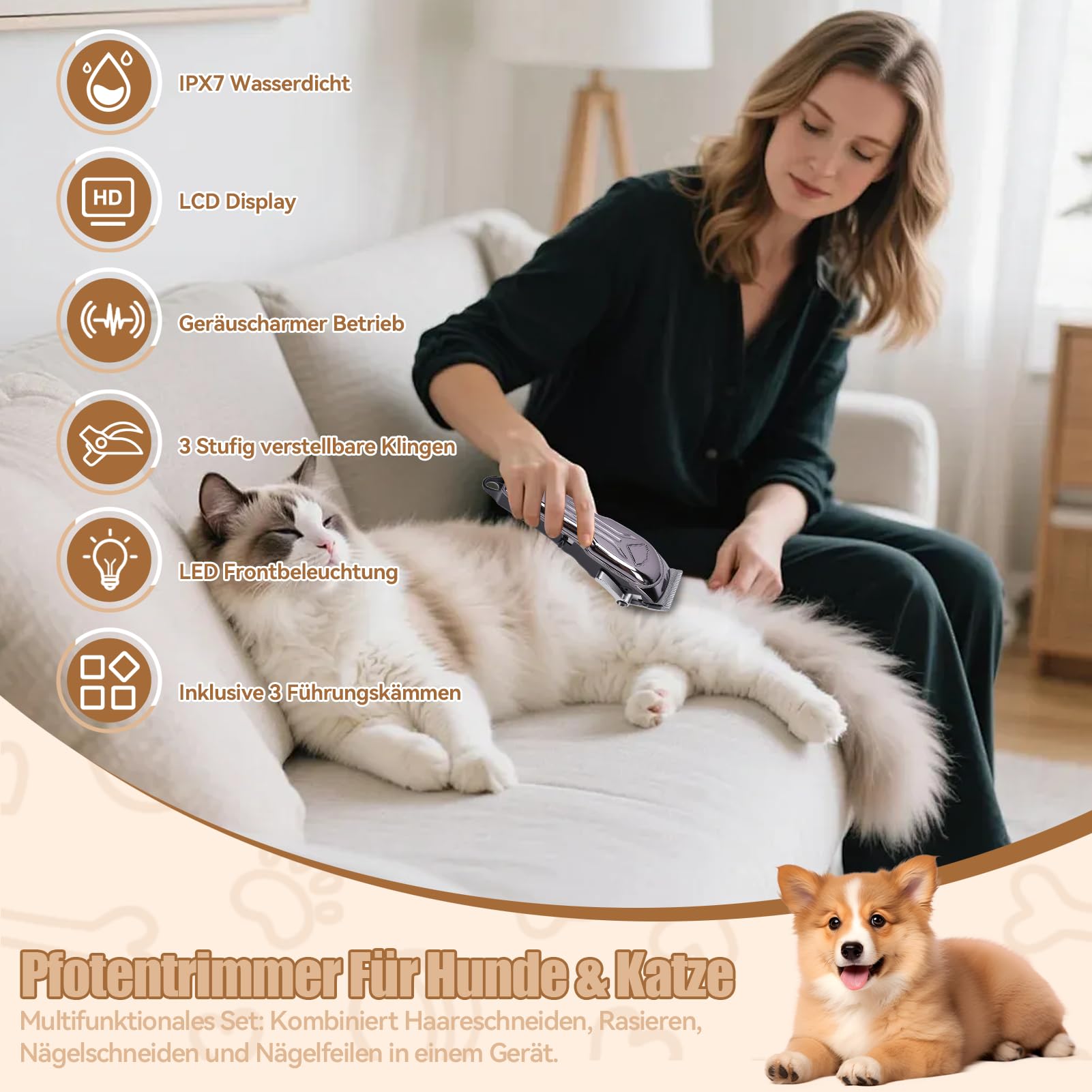 Tondeuse à pattes pour chien, tondeuse à pattes et rasoir 4 en 1, étanche IPx7, affichage LCD, tondeuse à pattes de chien
