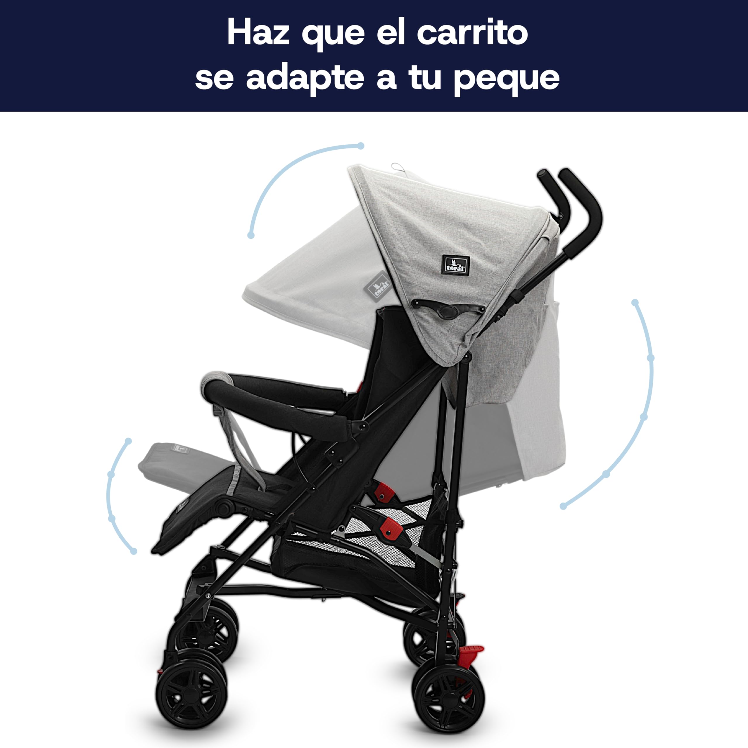 TORAL Silla de paseo ligera Florida para bebé, con respaldo reclinable 5 posiciones, capota XL, cinturón 3 puntos, 8 ruedas, silla paseo bebe desde 6 meses hasta 15 kg