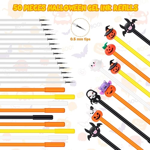 Miniatura 3 de Pasimy 100 bolígrafos de Halloween divertidos de dibujos animados a granel con recambios, calabaza, bruja, cráneo, cabeza de fantasma, murciélago,