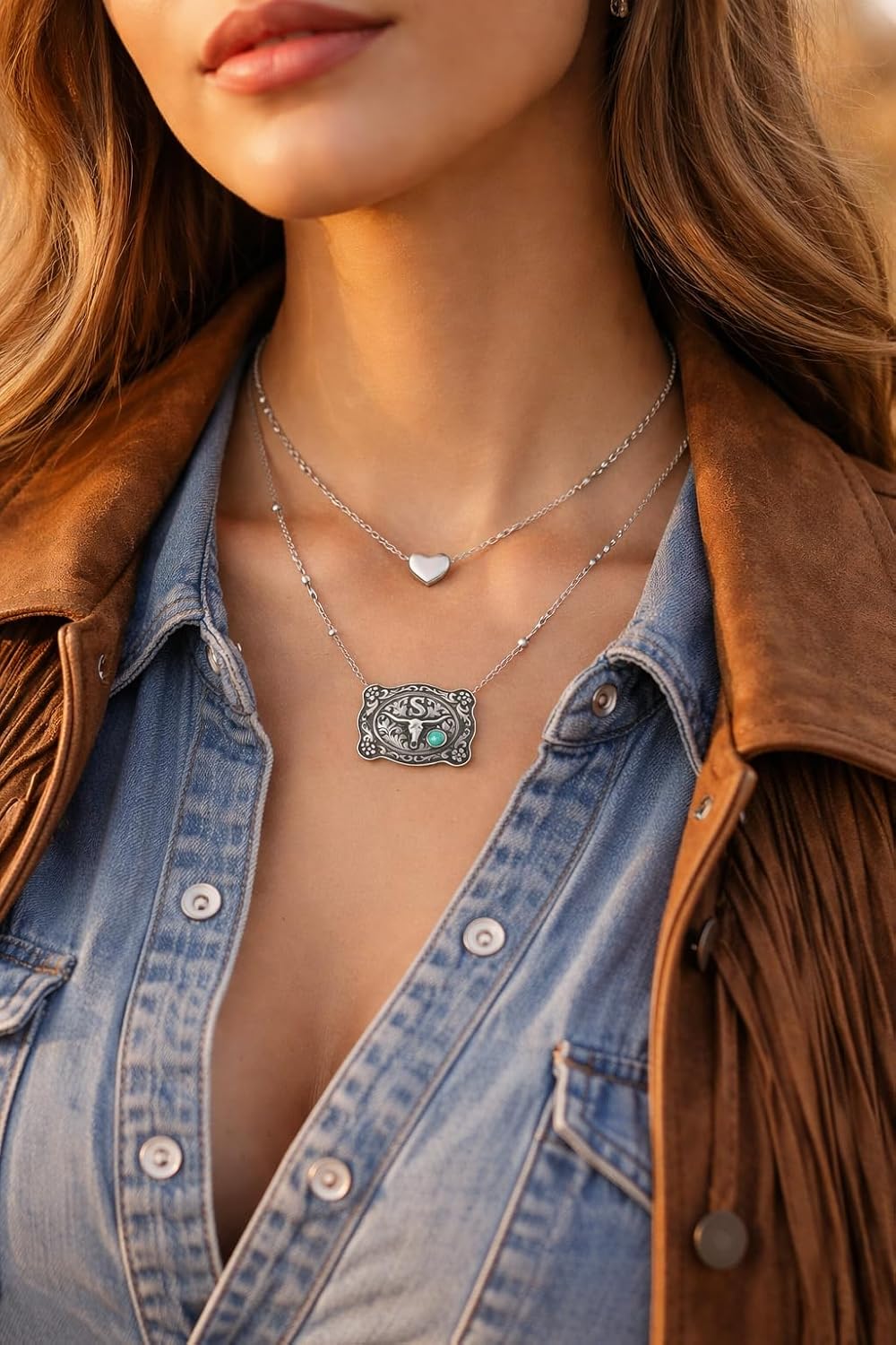 Belt Buckle Necklace Initial Letter A-Z Necklaces Western Cow Tag Bracelet Belt Buckle Necklace Western Jewelry for Women Men