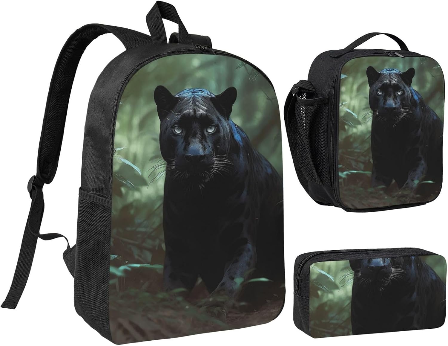 Forest Panther Backpack Set 3 PCS - 17 Inch Laptop Backpack with Lunch Bag, Waterproof Daypack Insulated Lunch Box Large Capacity Coin Pouch Personalized Gift
