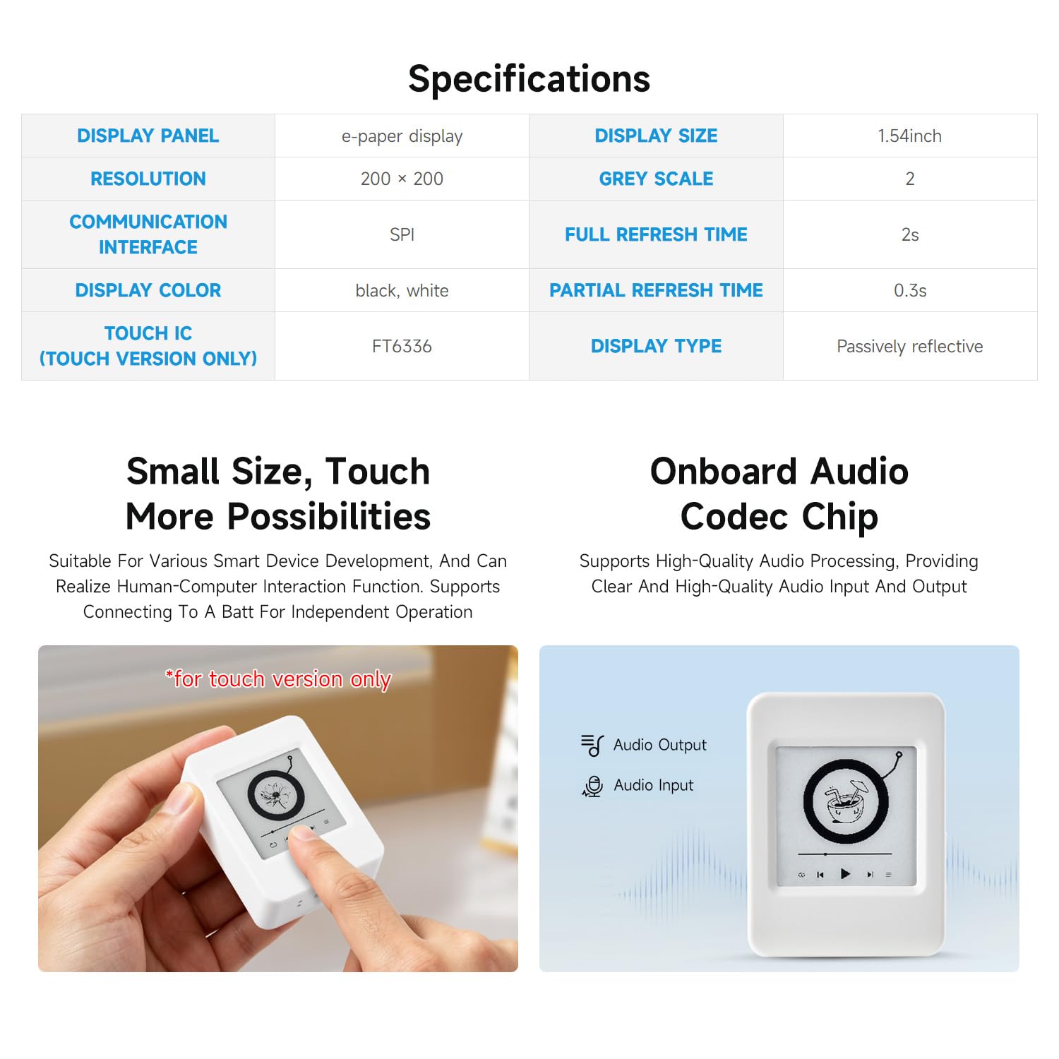 Waveshare ESP32-S3 1.54inch e-Paper AIoT Development Board, 200 × 200, Black/White, Supports Wi-Fi and BLE Dual-Mode Communication, with Touch Function, NO BAT