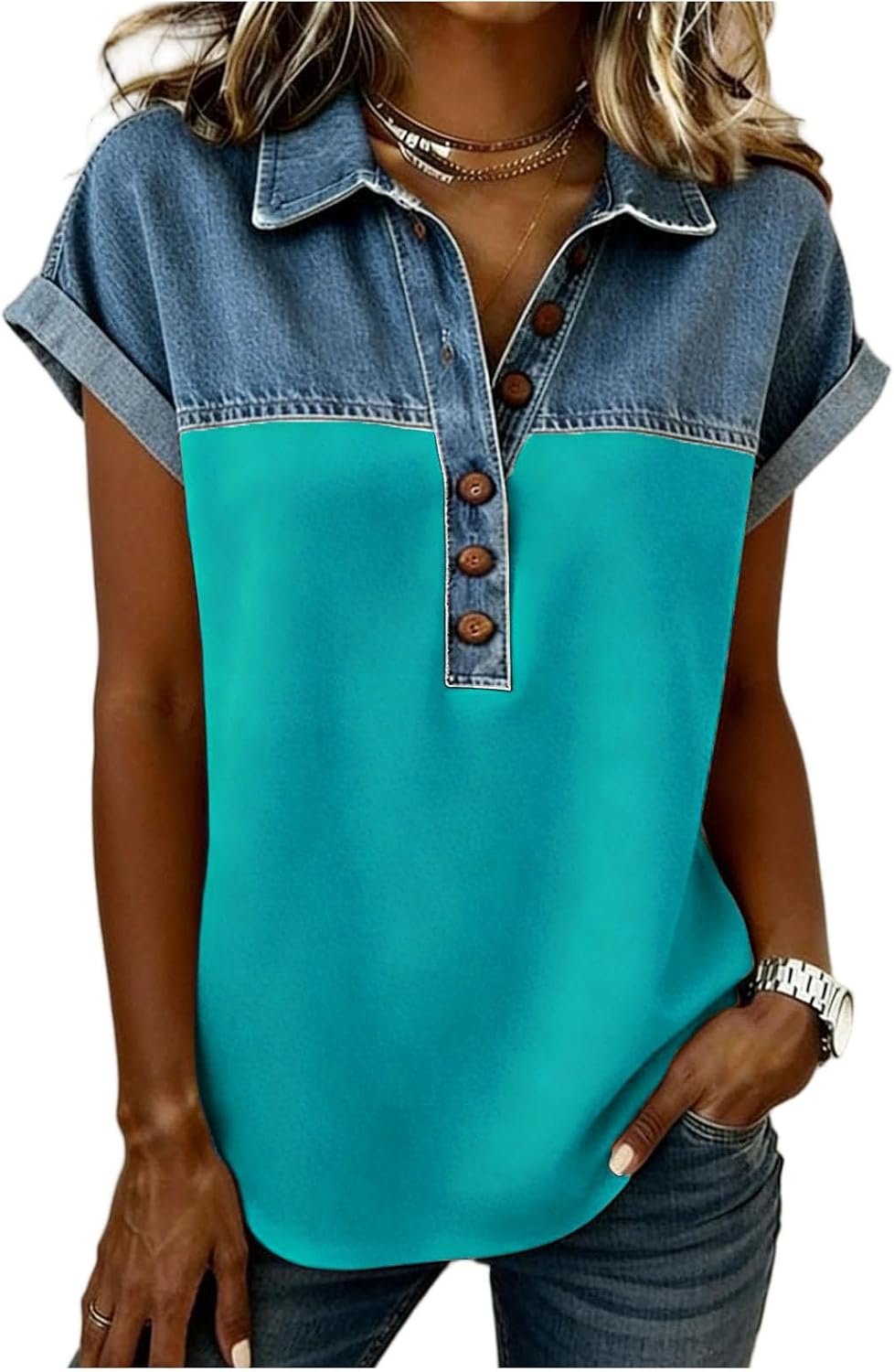 Short Sleeve Shirts for Women Button Lapel Collar Loose Fit Patchwork Pullover Tops Vintage Casual Fashion Blouses