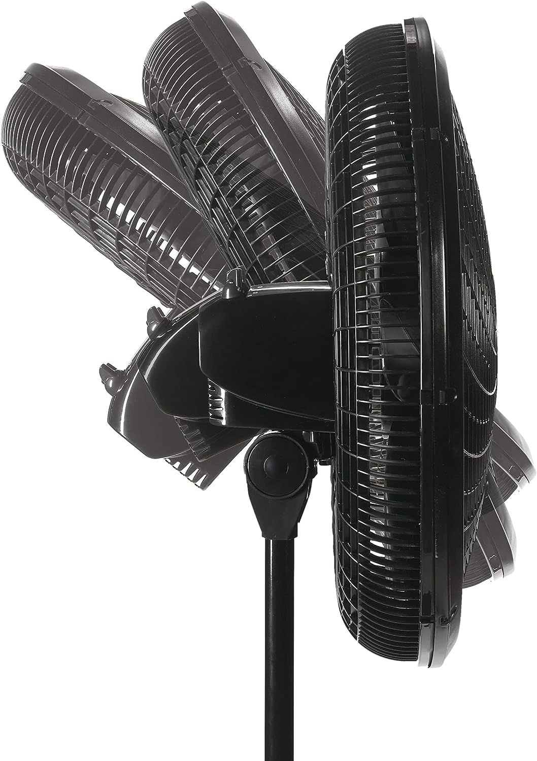 Lasko S16500 fan showing tilt adjustment, with multiple fan head positions indicating the range of vertical tilt.