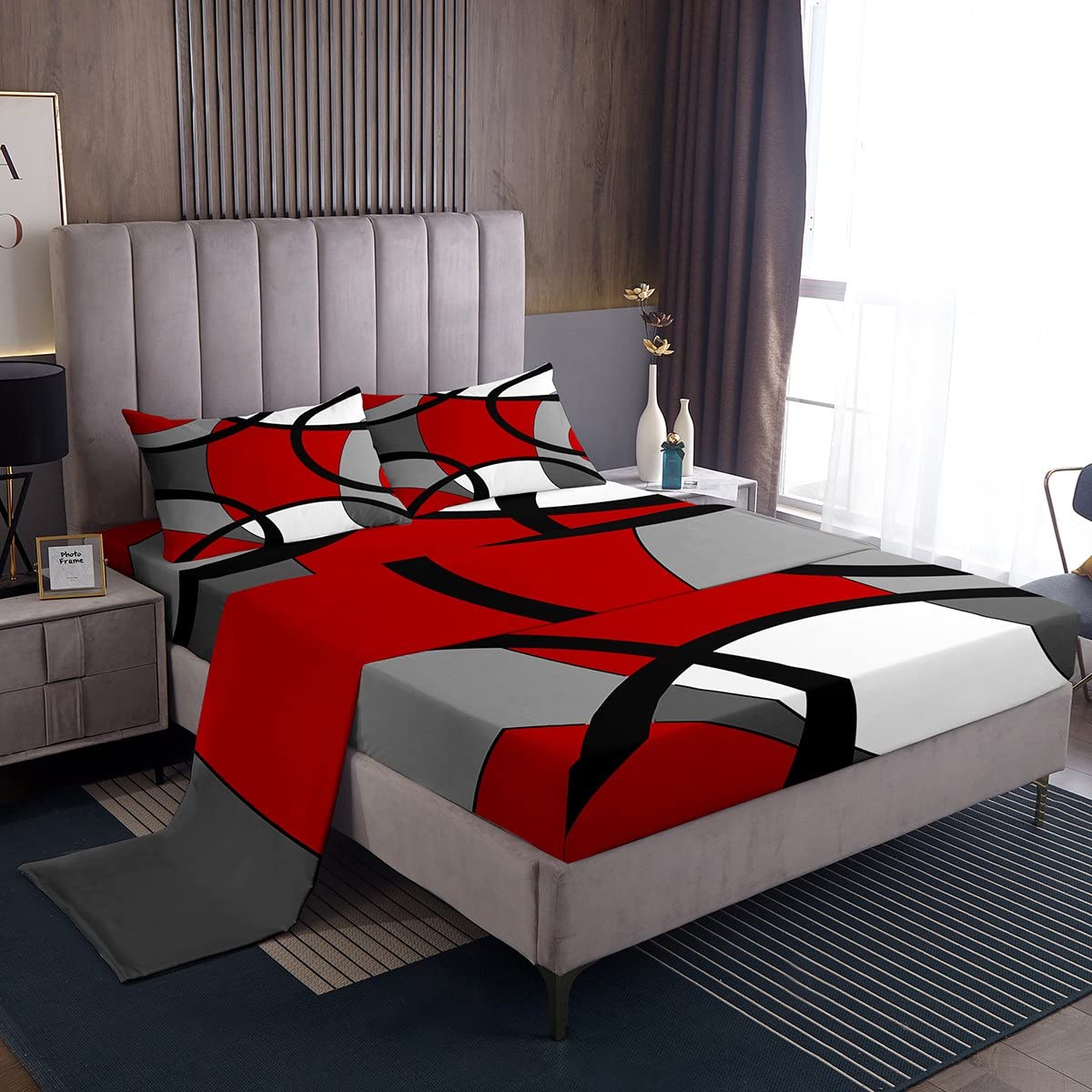 Juego de sábanas geométricas modernas con bolsillo profundo, juego de sábanas geométricas retro con diseño geométrico circular retro, juego de ropa de cama de remolino de rayas retro, juego de cama d