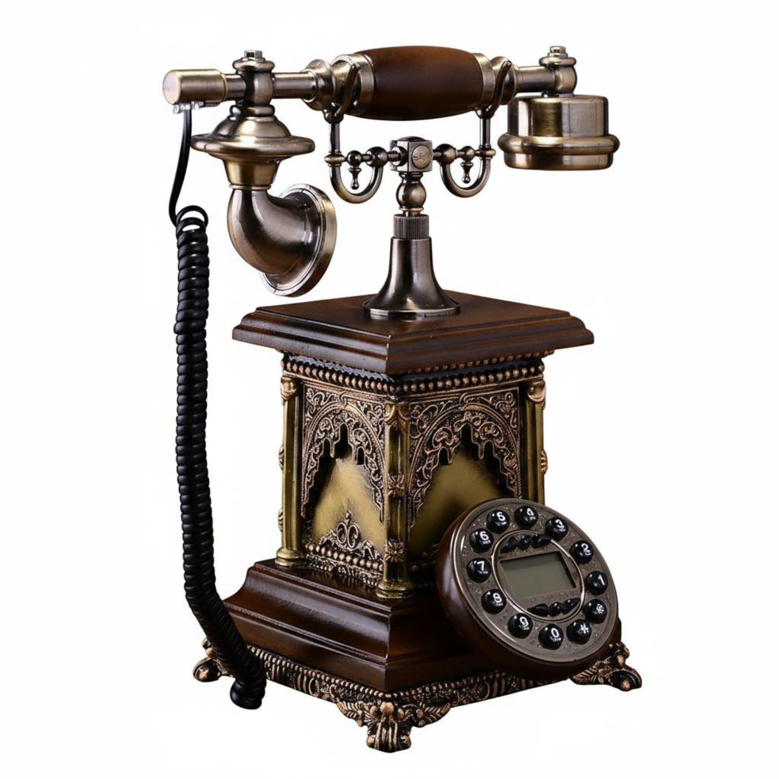 Ornate Vintage Corded Desk Phone Filigree Corded Desk Phone Wood-Toned Antique Telephone Tabletop, Backlit Single Bell-image-26