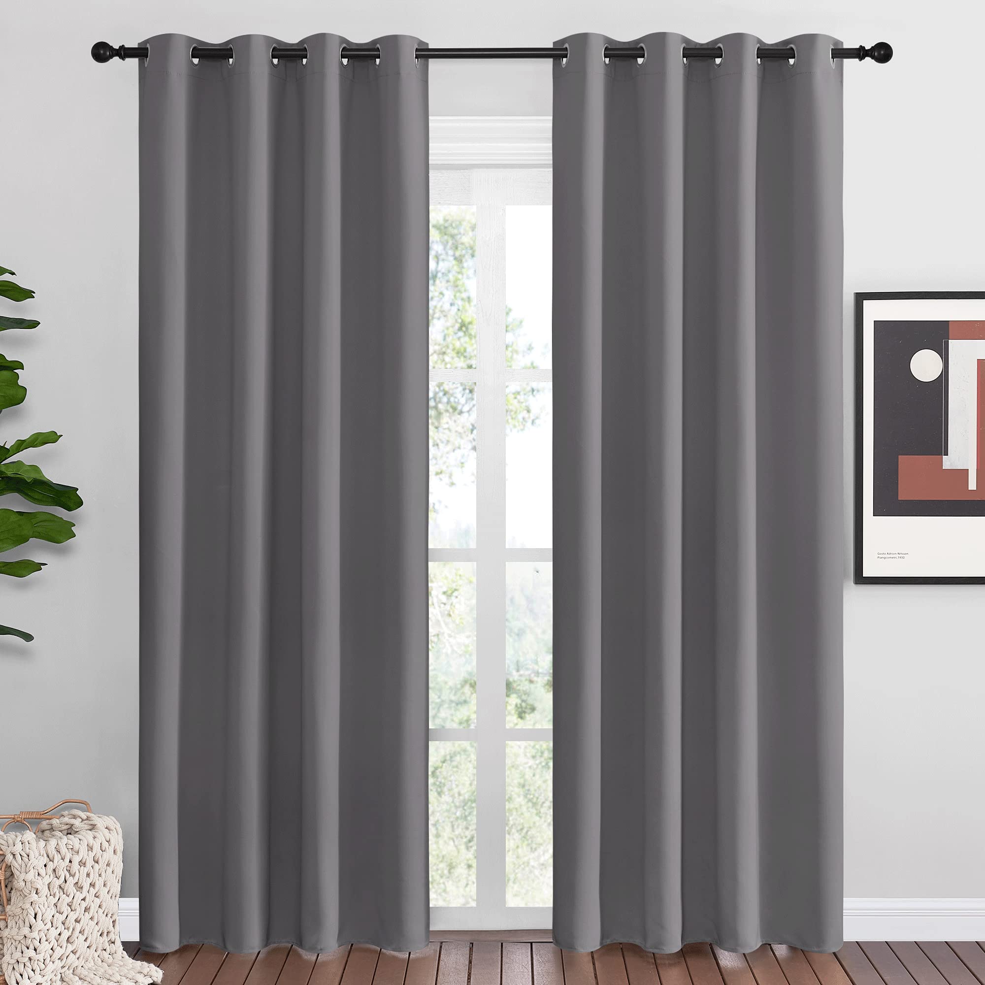 NICETOWN Blackout Curtains Panels for Bedroom, 2 Panels, 52 x 80 Inch, Gray, 3 Pass Microfiber Noise Reducing Thermal Insulated Solid Ring Top Blackout Window Drapes