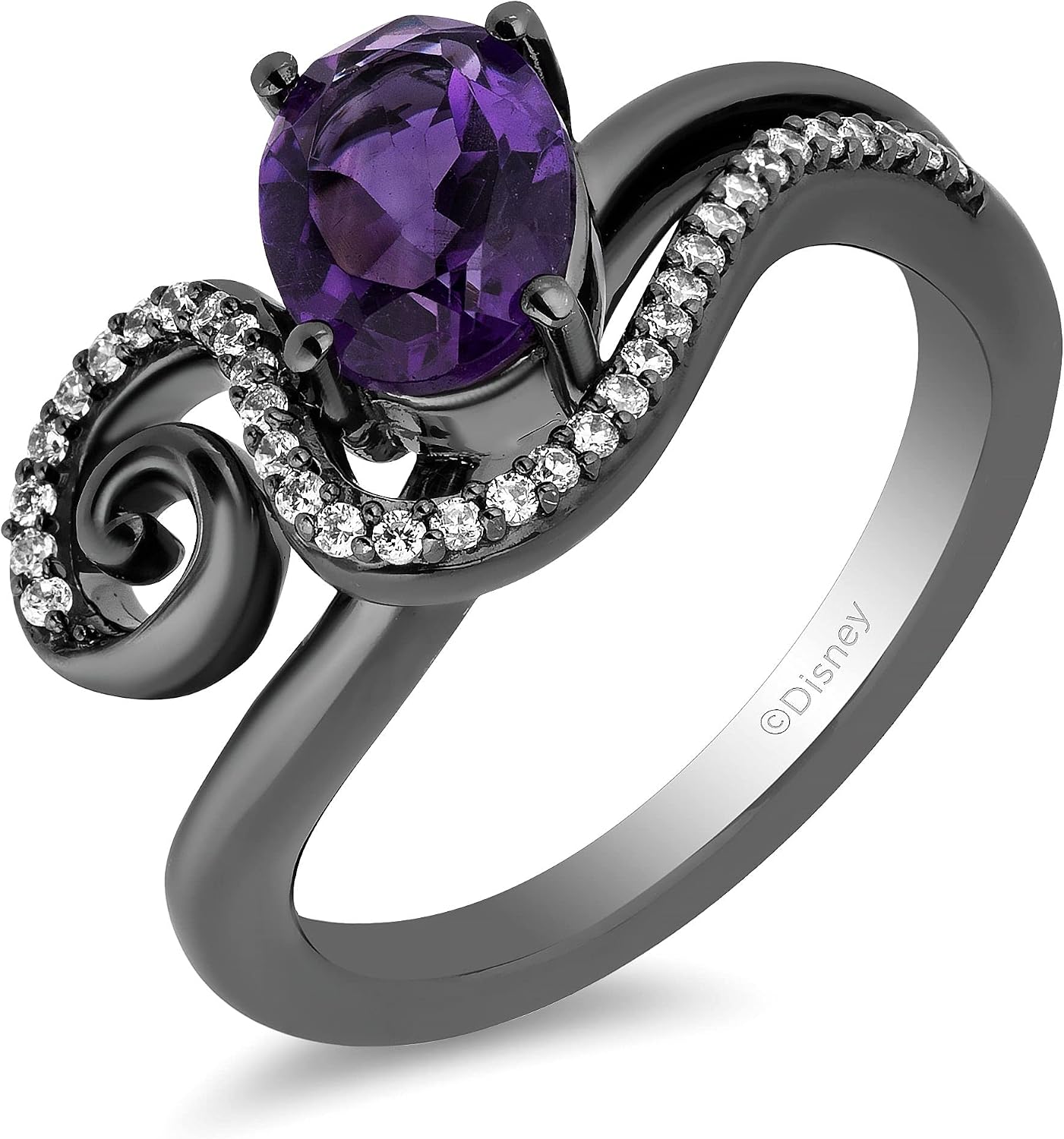 Jewelili Enchanted Disney Fine Jewelry Black Rhodium over Sterling Silver 8x6 MM Oval Shape Amethyst and 1/6 Cttw Natural White Round Diamond Ursula Ring