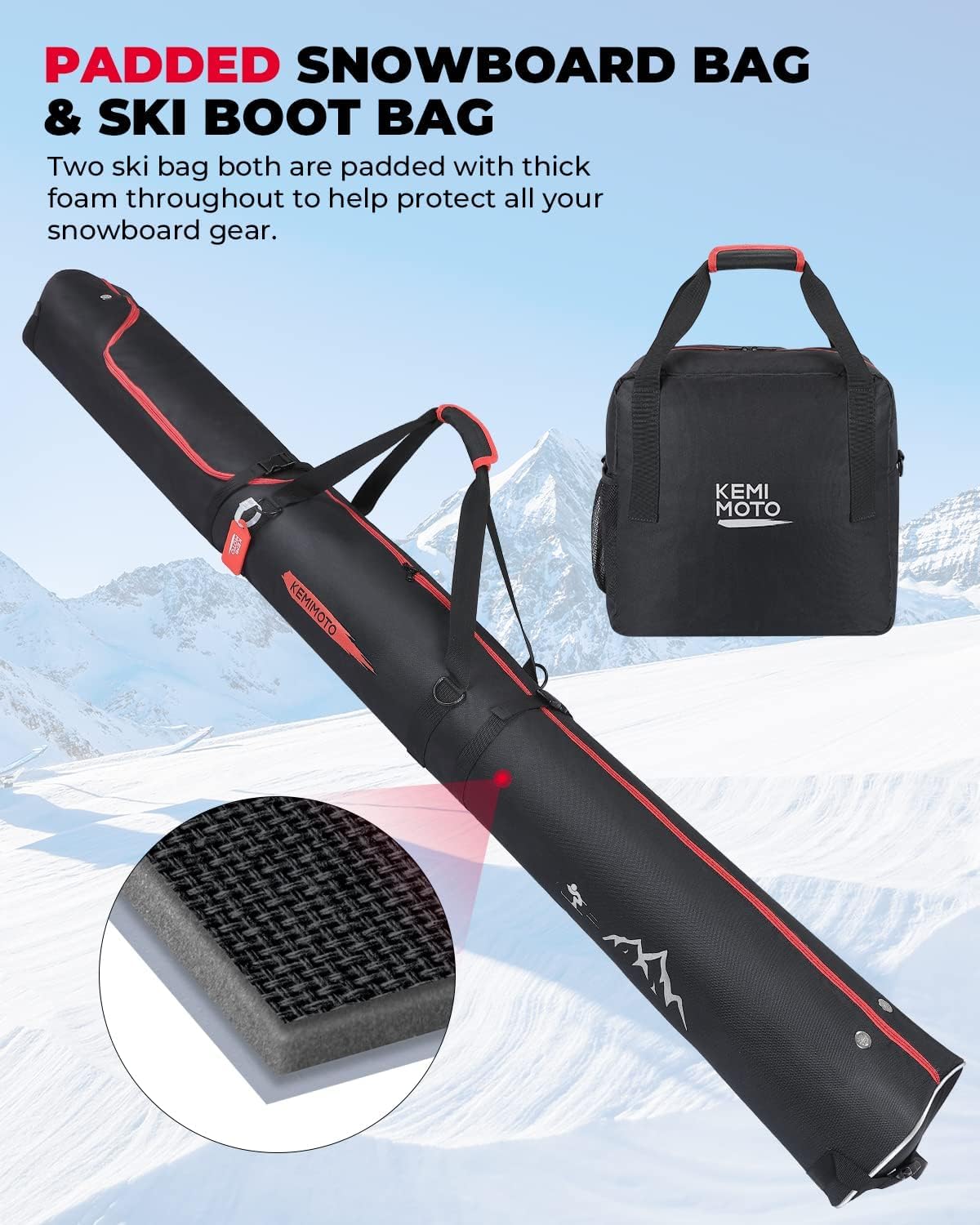 KEMIMOTO Bolsa y Correa para Botas de Esquí, Adecuada para Botas de Esquí de hasta 200 cm de Largo, Capacidad de 25L, Tejido de Malla Impermeable Transpirable Duradera