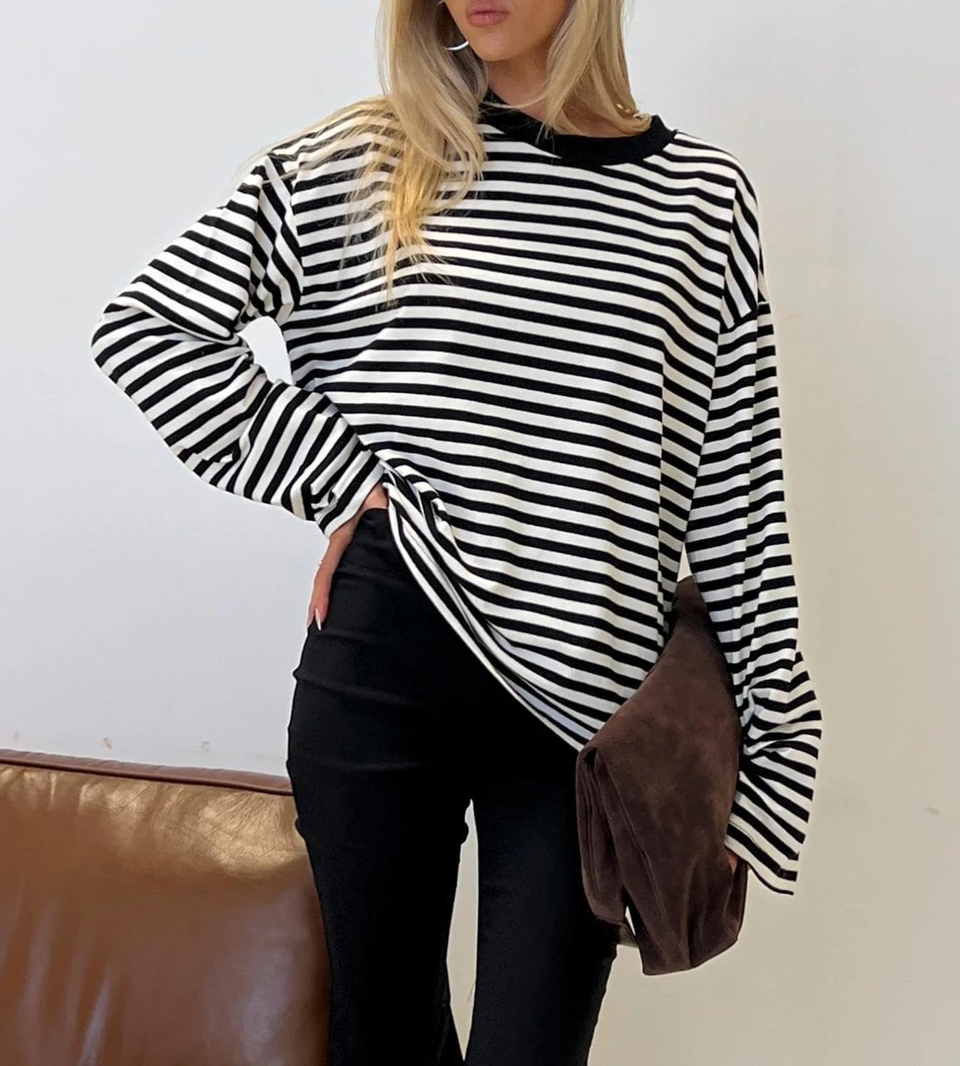 Striped Long Sleeve Shirt Women Y2k Oversized Crewneck Vintage Tops Fall Winter Drop Shoulder Cute Preppy Pullover - Image 2