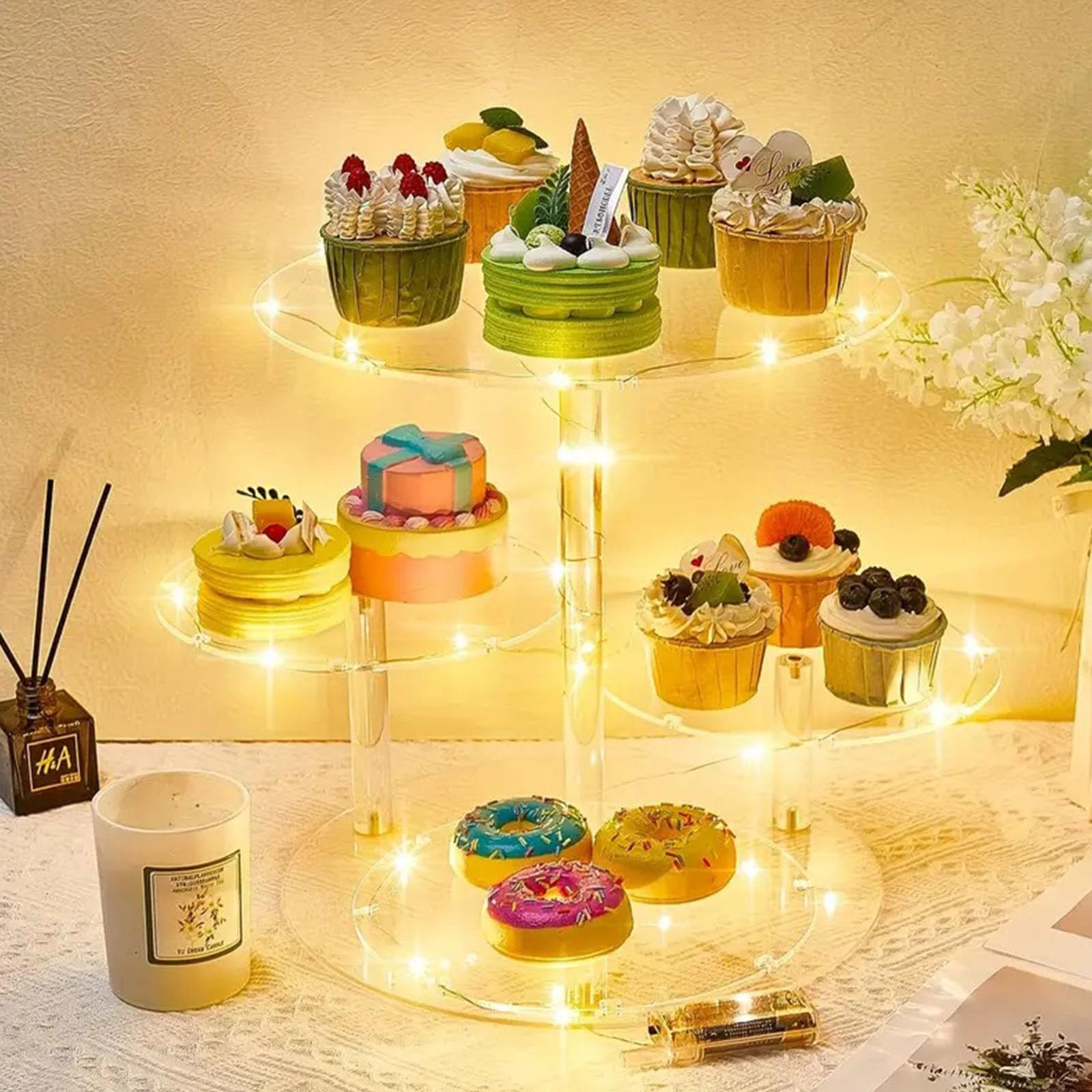 Soporte para cupcakes de 4 capas con iluminación LED, acrílico, para bodas, cumpleaños, baby shower, festivales, recepciones, fiestas graduadas, postres
