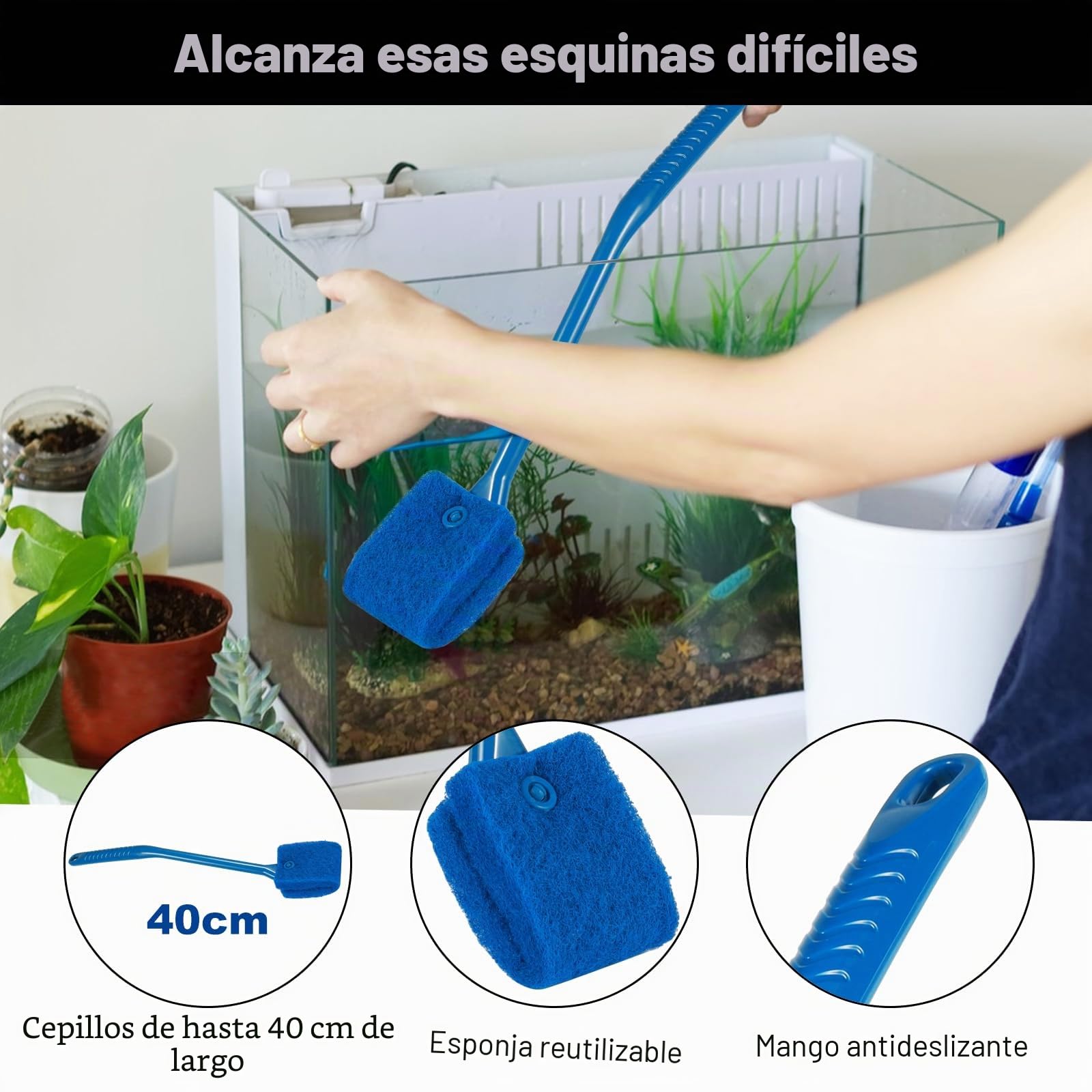 Sifonador Acuario Manual, Sifon Acuario con Cepillo de Limpieza Azul, Limpiafondos Acuario Sifón Limpieza Pecera Tubo, Sifón Cambiador de Agua, Cepillo Esponja Limpieza acuarios Azul 40cm