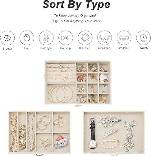 Miniatura 4 de V-LAFUY Caja organizadora de joyas, joyero para mujer de 3 capas con 2 cajones, grandes organizadores de joyas, cajas de joyería para exhibir