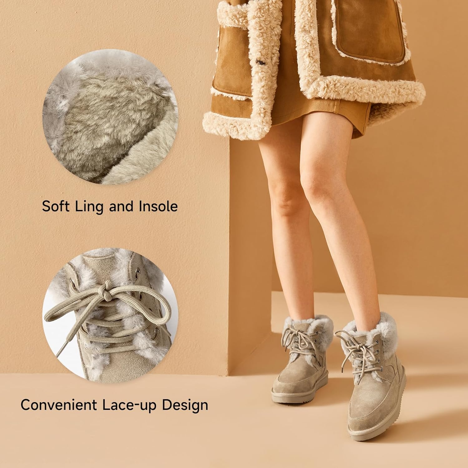 BEAU TODAY Womens Winter Snow Boots, Fur Lined Ankle Booties for Women, Chunky Platform Lace-up Boots Shoes Suede Leather Non-slip Warm Winter Shoes Beige US 10 - Image 3