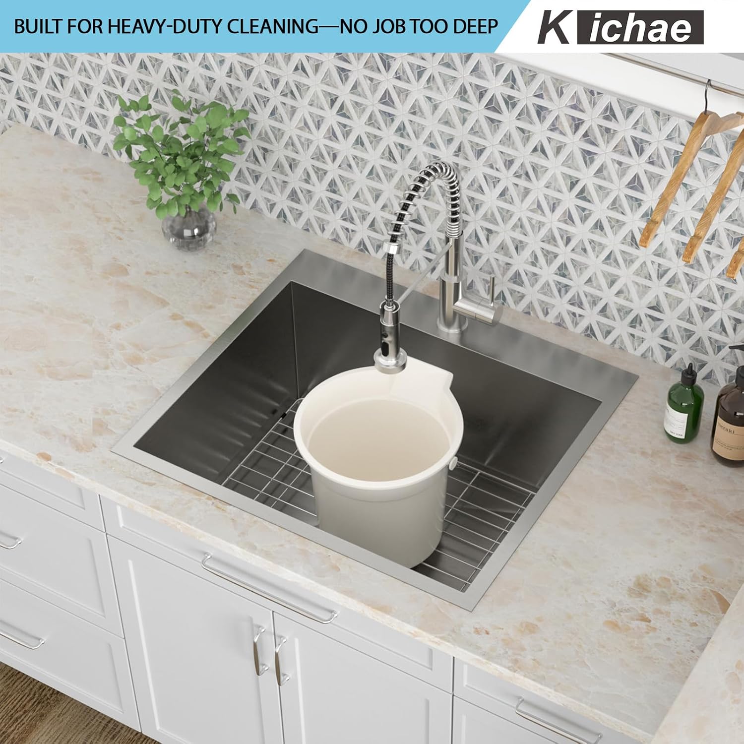 Kichae 25 Inch Laundry Sink with Faucet - 25x22 Drop In Utility Sink 12" Deep Topmount Single Bowl Stainless Steel Single Bowl Kitchen Sink Handmade Basin with Pull Down Faucet Combo