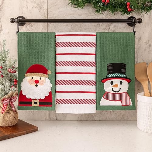 Vista 266 de Serafina Home Toallas de cocina navideñas navideñas: dos muñecos de nieve Be Jolly espiga y un muñeco de nieve bailarín, 3 piezas, tejido plano 100%