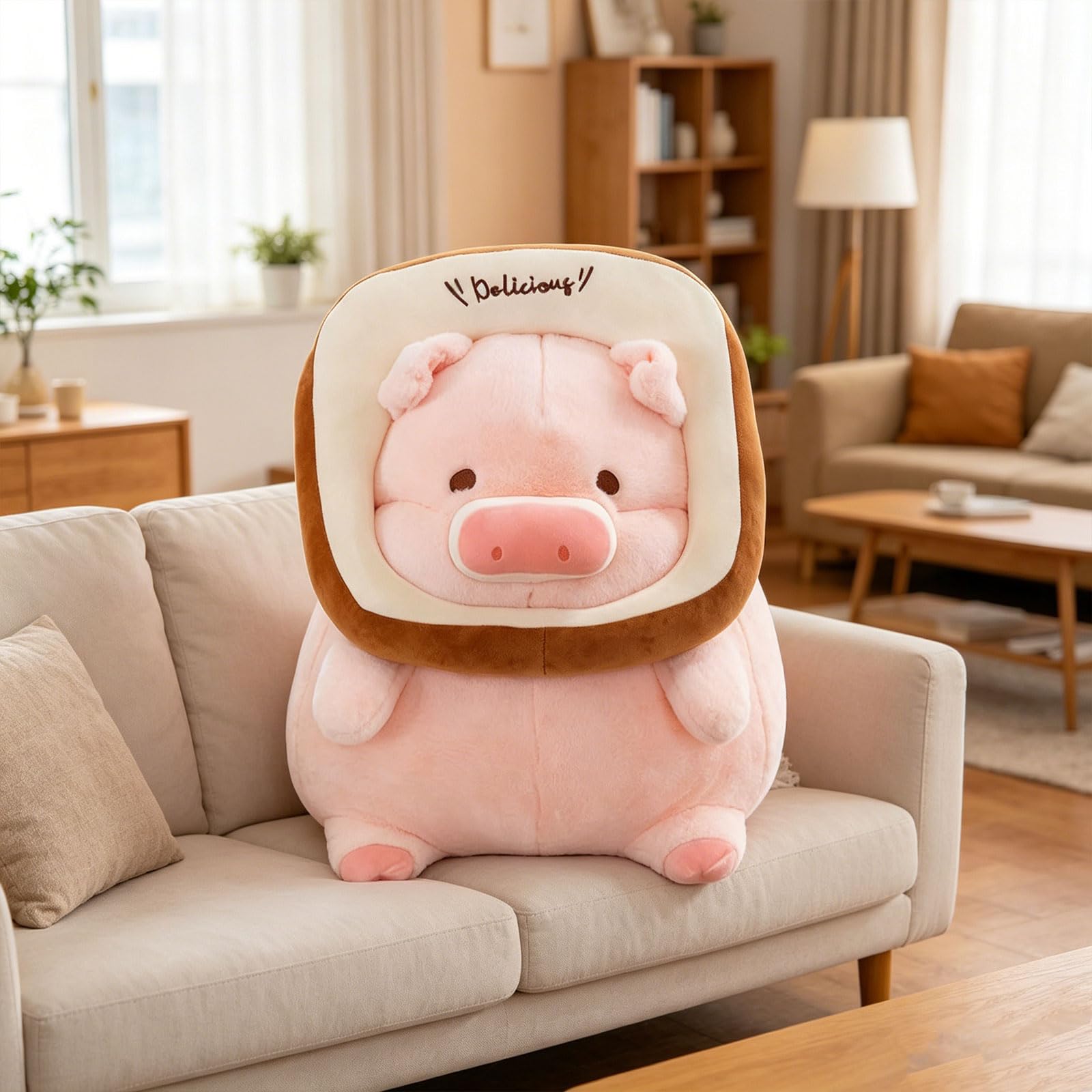 Rundes Toast Schwein Plüschtier, 30/35/45cm rosa Schwein Kuscheltier mit abnehmbarem Brotkranz und Delicious Stickerei, lustiges Ferkel Stofftier für Kinder, als Dekokissen und Geschenk (45 cm)