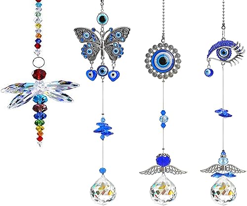 Colgante de libélula colgante y 3 atrapasoles de mal de ojo con bolas de prisma de cristal, decoración para colgar en la ventana