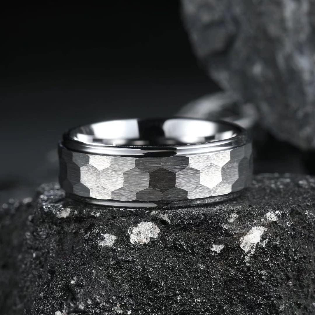 King Will Hammered 8mm Silver Tungsten Ring Hammer Men Wedding Band Comfort Fit