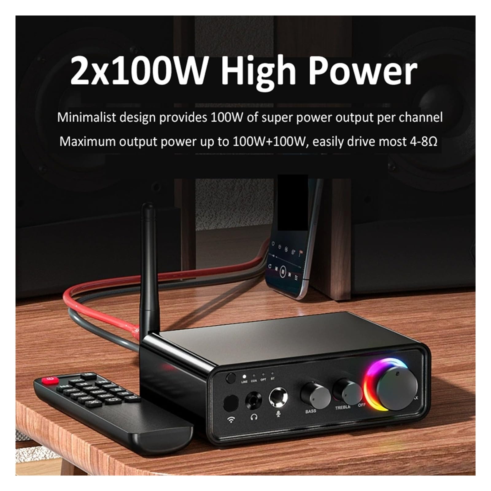 Amplificatore audio da 200 W Bluetooth 5.3 Classe D Canale 2.0 Amplificatore HiFi con luce RGB Per l'home cinema