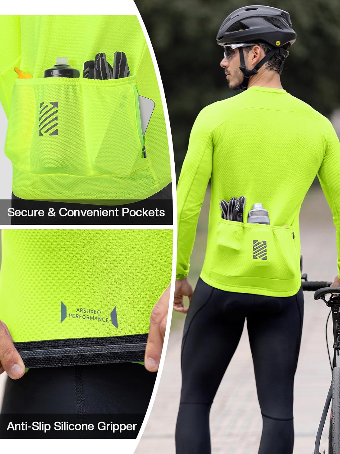 ARSUXEO Light Weight Long Sleeve Cycling Jersey Men Bike Jersey Bike Bicycle Biking Shirt