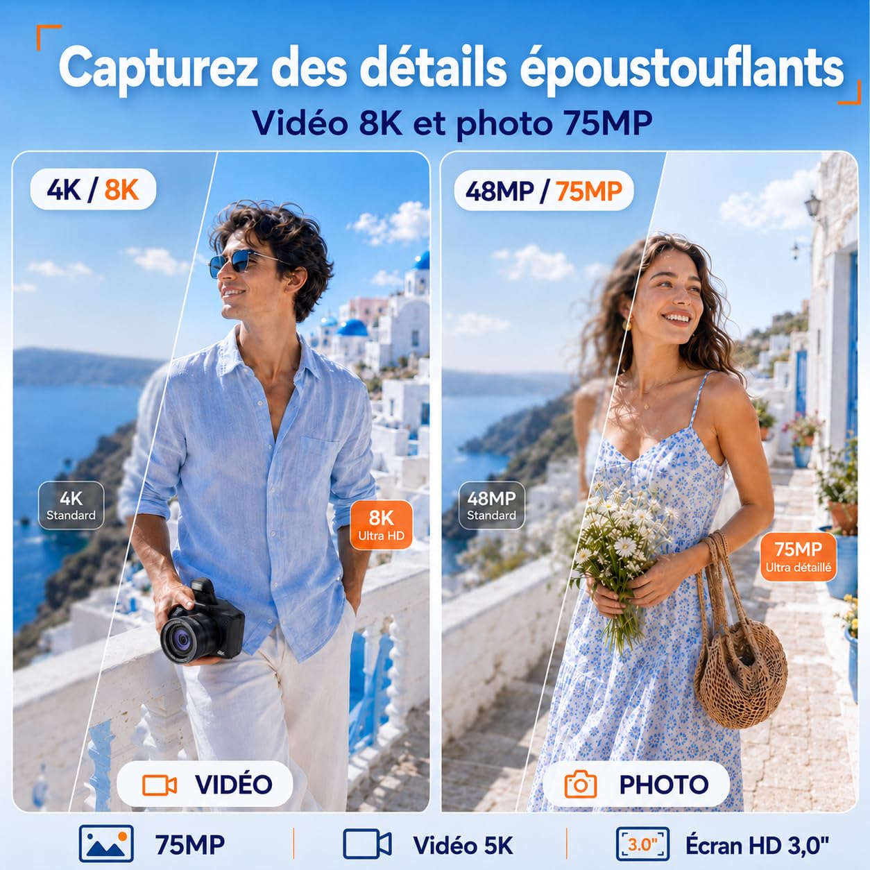 Cámara Digital 8K 75MP con WiFi Doble Lente Selfie para Vlogs Principiantes