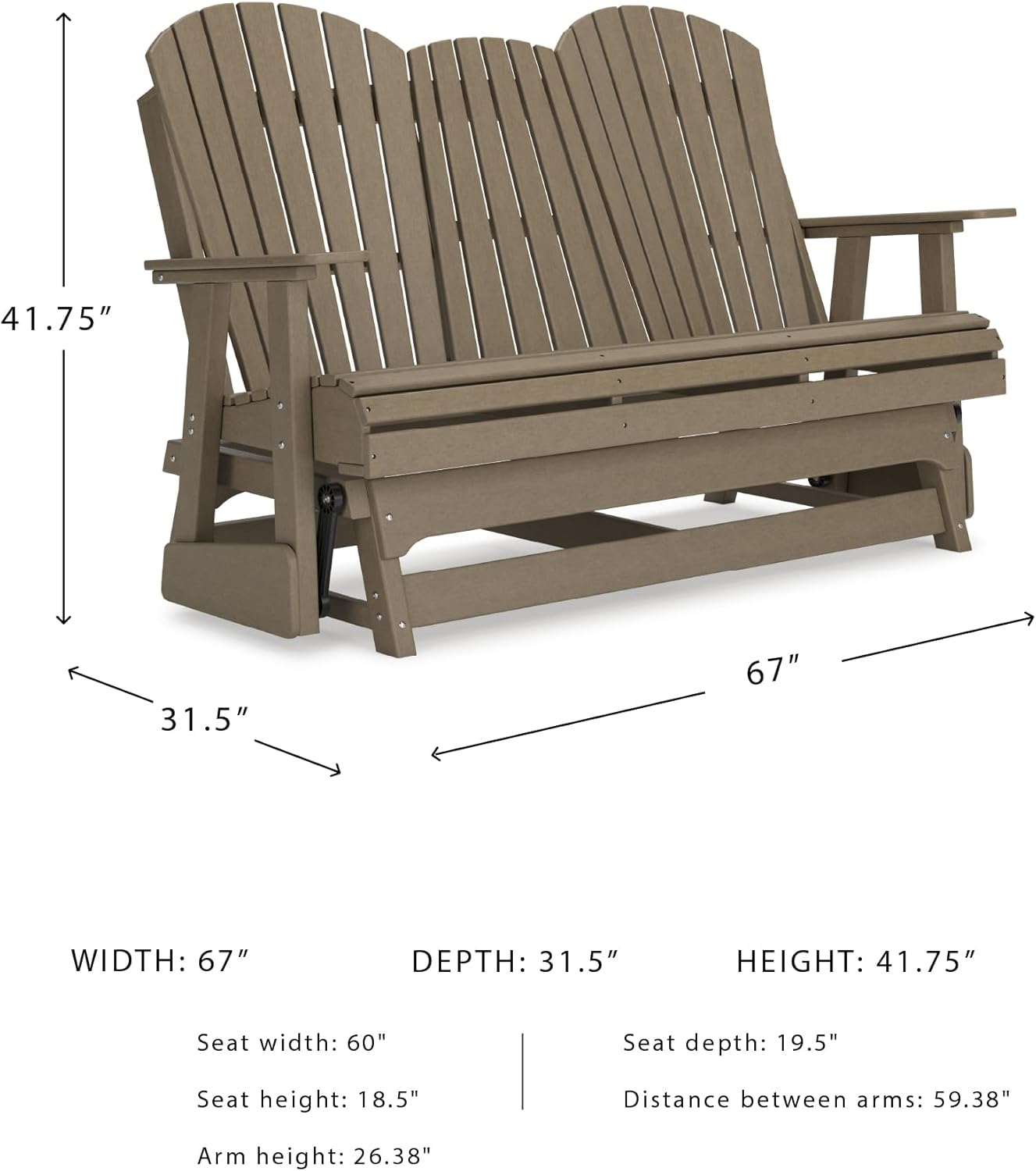 Signature Design by Ashley Hyland Wave Casual Weather Resistant HDPE Outdoor Glider Loveseat with Drop Down Table and 2 Cup Holders, Light Brown
