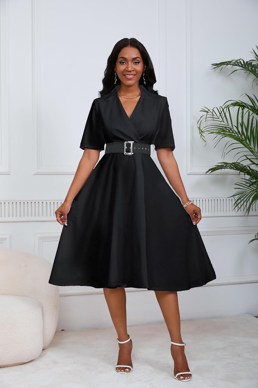 Women's Short Sleeve Midi Dress Elegant Lapel V Neck Office Dress Belted A Line Dress with Pockets - Image 6