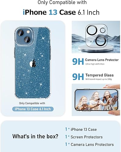 Miniatura 8 de MIODIK Funda compatible con iPhone 13, con protector de pantalla + protector de lente de cámara, funda protectora transparente con purpurina a Negro