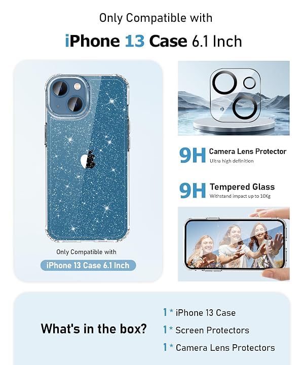 MIODIK Compatible with iPhone 13 Case with Screen Protector + Camera Lens Protector, Clear Glitter Shockproof Protective Phone Case, Slim Women Girls iPhone 13 Cover 6.1 inch - Sparkle Clear by MIODIK - Image 2